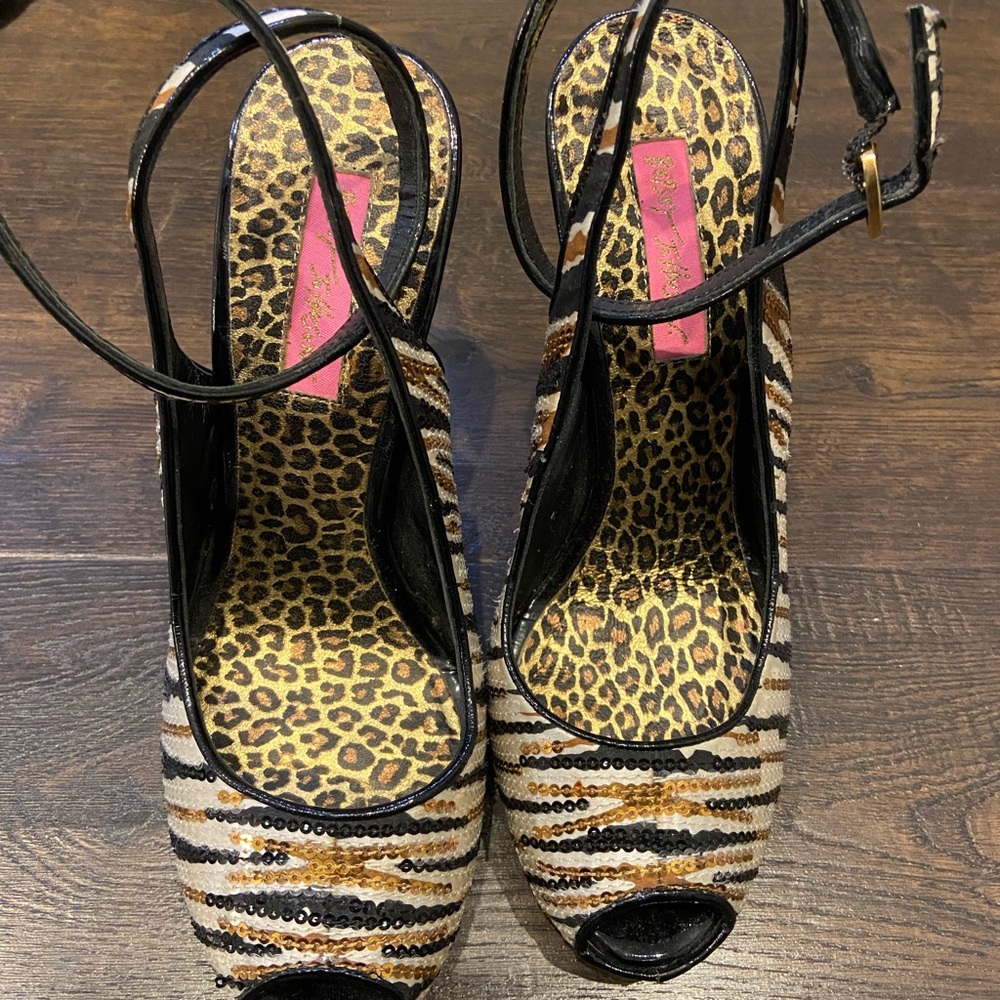 Betsey Johnson Heels, Size 7, Tiger stripe beaded 4 3/4 heels.